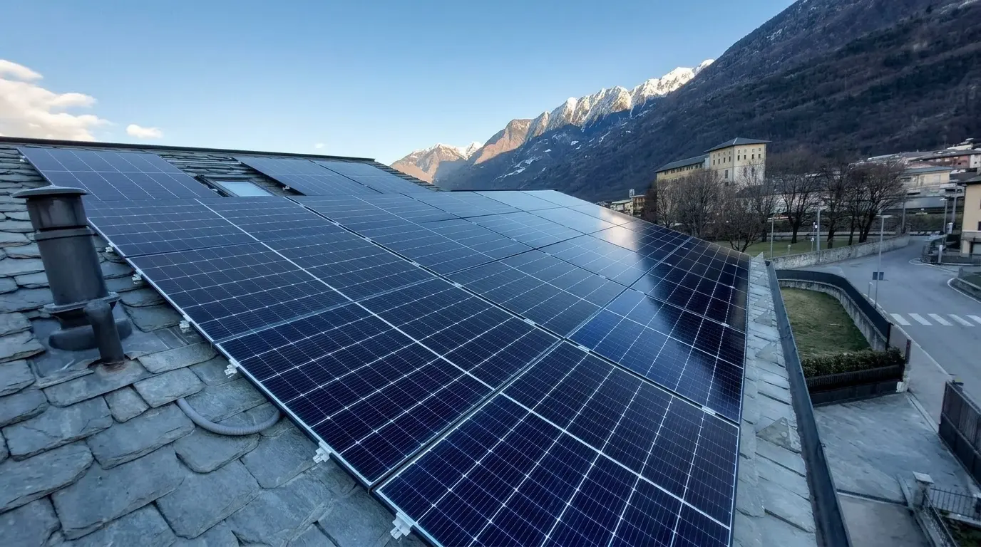 Impianto fotovoltaico su tetto integrato nel paesaggio della Valtellina